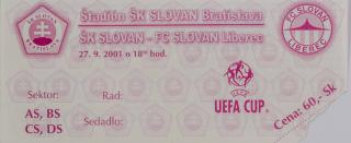 Vstupenka fotbal, Slovan Bratislava v. Slovan Liberec, UEFA 2001