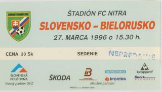 Vstupenka fotbal , Slovensko v. Bielorusko, 1996