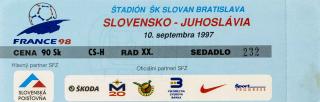 Vstupenka fotbal, Slovensko v. Juhoslavia, 1997