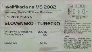 Vstupenka fotbal, Slovensko v. Turecko, Q2002, 2001