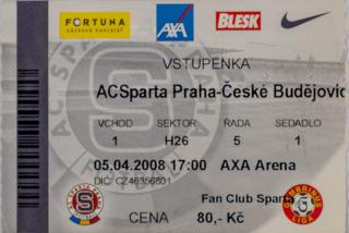 Vstupenka fotbal , Sparta Praha v. České Budějovice, 2008