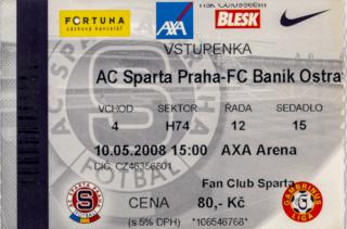 Vstupenka fotbal , Sparta Praha v.  FC Baník Ostrava, 2008