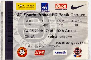Vstupenka fotbal , Sparta Praha v. FC Baník Ostrava, 2009