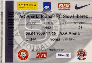 Vstupenka fotbal , Sparta Praha v.  FC Slov. Liberec, 2009