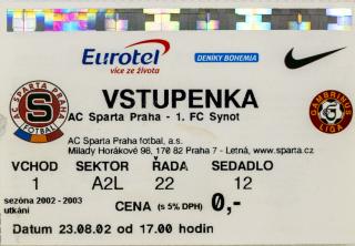 Vstupenka fotbal , Sparta Praha v.  FC Synot, 2002