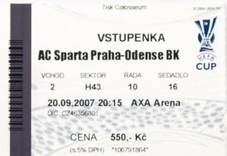 Vstupenka fotbal , Sparta Praha v. Odenske BK, 2007