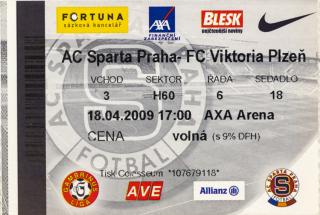 Vstupenka fotbal , Sparta Praha v.  Plzeň, 2009