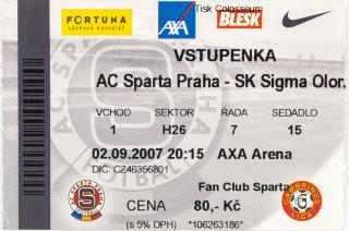 Vstupenka fotbal , Sparta Praha v.  SK Sigma Olomouc, 2008