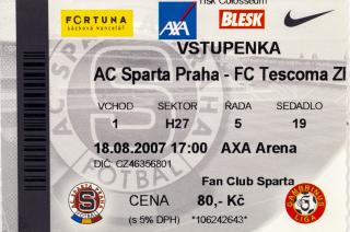 Vstupenka fotbal , Sparta Praha v.  TC Zlín, 2007