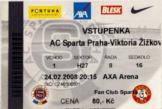 Vstupenka fotbal , Sparta Praha v.  Viktoria Žižkov, 2008