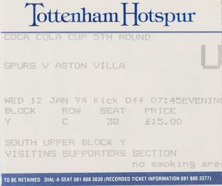 Vstupenka fotbal, Tottenham Hotspur v.Aston Villa, 1994