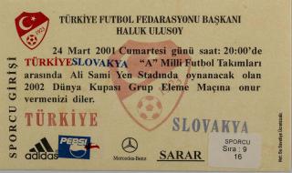 Vstupenka fotbal, Turkiye v. Slovakia, 2001
