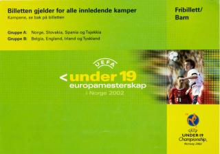 Vstupenka fotbal, U 19, Fribillett Barn, Norge 2002