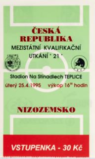 Vstupenka fotbal  U21, ČR v. Nizozemsko, 1995