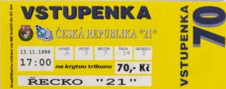 Vstupenka fotbal  U21, ČR v. Řecko, 1999