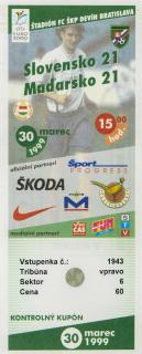 Vstupenka fotbal U21, Slovensko v. Maďarsko, 1999