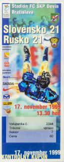 Vstupenka fotbal U21, Slovensko v. Rusko, 1999