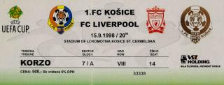 Vstupenka fotbal UEFA, 1. FC Košice v. FC Liverpool, 1998