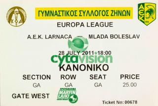 Vstupenka fotbal UEFA, AEK Larnaca v. Mladá Boleslav, 2011