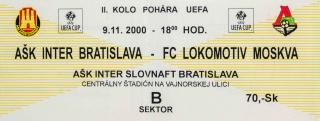 Vstupenka fotbal, UEFA, AŠK Inter Slovnaft v. FC Lokomotiv Moskva, 2000