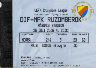 Vstupenka fotbal UEFA CHL, DIF v. MFK Ružomberok, 2006