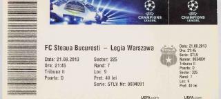 Vstupenka fotbal, UEFA CHL, FC Steaua Bucuresti v. Legia Warszawa, 2013