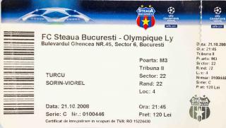 Vstupenka fotbal, UEFA CHL, FC Steaua Bucuresti v. Plympique Ly, 2008