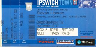 Vstupenka fotbal UEFA , Ipswich Town v. Slovan Liberec, 2002