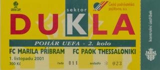 Vstupenka fotbal UEFA, Marila Příbram v. FC Paok Thessaloniki, 2001 (2)