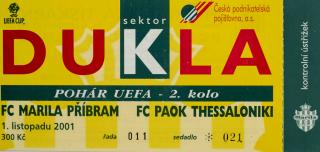 Vstupenka fotbal UEFA, Marila Příbram v. FC Paok Thessaloniki, 2001