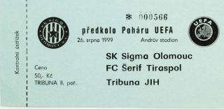 Vstupenka fotbal UEFA, Sigma Olomouc v. FC Šerif Tiraspol, 1999