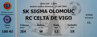 Vstupenka fotbal UEFA, Sigma Olomouc v. RC Celta Vigo, 2001, blue
