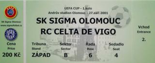 Vstupenka fotbal UEFA, Sigma Olomouc v. RC Celta Vigo, 2001, green