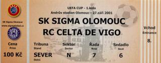 Vstupenka fotbal UEFA, Sigma Olomouc v. RC Celta Vigo, 2001