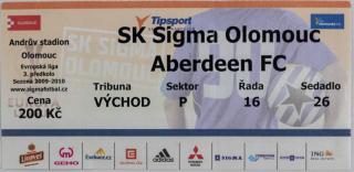 Vstupenka fotbal UEFA , SK Sigma Olomouc v. Aberdeen FC, 2009