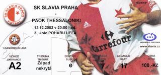 Vstupenka fotbal  UEFA SK Slavia Prague vs. PAOK Thessaloniky, 2002