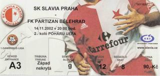 Vstupenka fotbal , UEFA , SK Slavia Praha v. FK Partizan Bělehrad, 2002