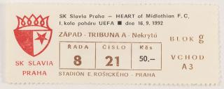Vstupenka fotbal, UEFA, SK Slavia Praha v. HEART of Midlothian, F.C., 1992