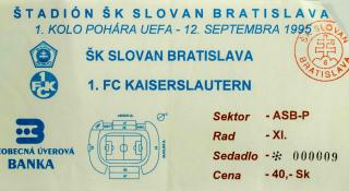 Vstupenka fotbal  UEFA, ŠK Slovan Bratislava v. 1. FC Kaiserslautern, 1995