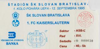 Vstupenka fotbal ,UEFA, ŠK Slovan Bratislava v. 1 FC Kaiserslautern, 1995