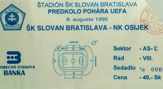 Vstupenka fotbal  UEFA, ŠK Slovan Bratislava v. NK Osijek, 1995