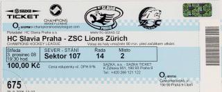 Vstupenka, HC Slavia Praha v. ZSC Lions Zurich, 2008