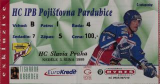 Vstupenka hokej, HC Pardubice v.  HC Slavia Praha , 1999