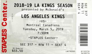 Vstupenka hokej NHL, LA Kings v. Montreal Candaiens, 2019