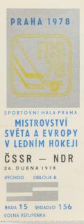 Vstupenka hokej Praha 1978 ,ČSSR - NDR, 26. Dubna 1978