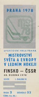 Vstupenka hokej Praha 1978 , Finsko v. ĆSSR