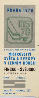 Vstupenka hokej Praha 1978, Finsko v. Švédsko, utržená