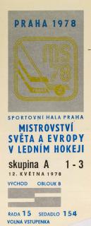 Vstupenka hokej Praha 1978 , skupina A 1-3, 12. Květen 1978