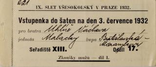 Vstupenka IX. všesokolský slet v Praze, do šaten, 3.VII.1932