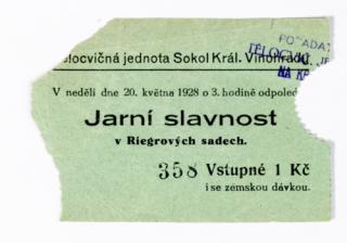 Vstupenka Jarní slavnost Sokol Král. Vinohrady, 1928